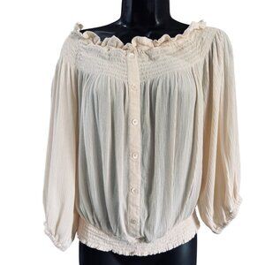 Sanctuary Womens Off-Shoulder Cream Blouse M Smocked 3/4 Sleeves